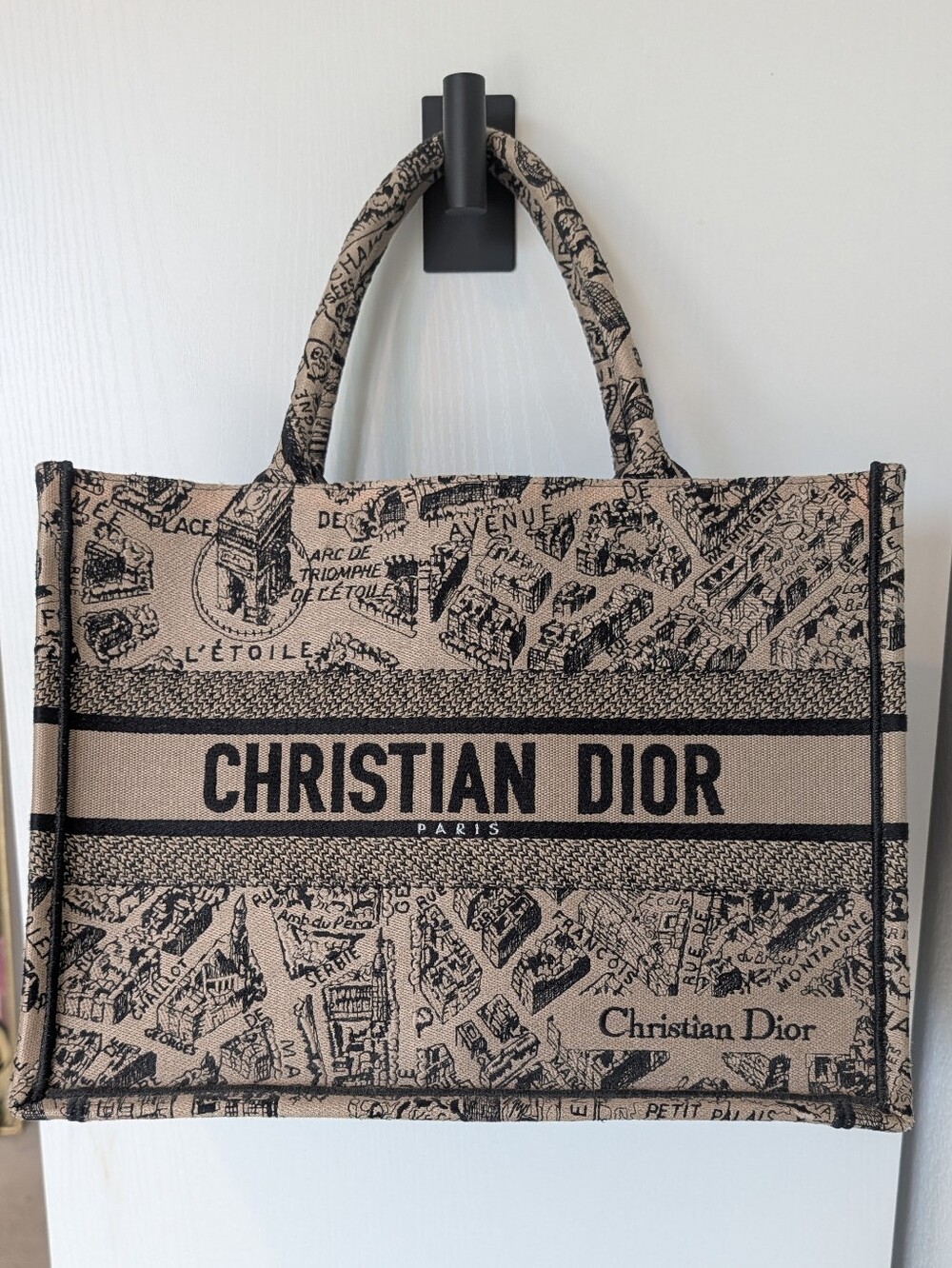 Dior Medium Book Tote In Plan De Paris Embroidered Black And Beige Canvas